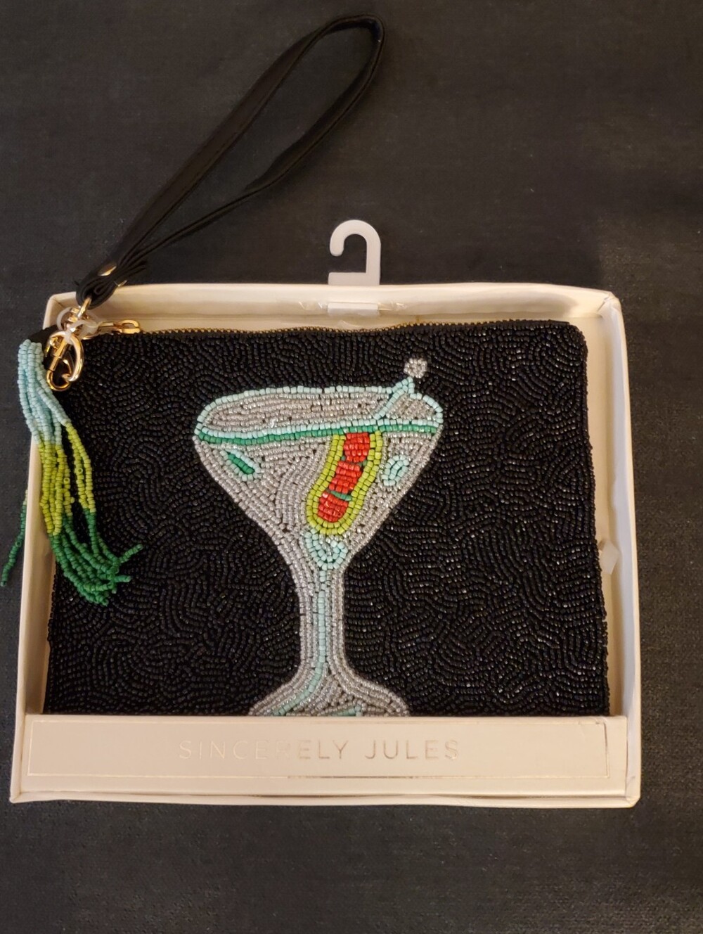 Beaded Martini Wristlet Clutch in Black with Multicolor Accent